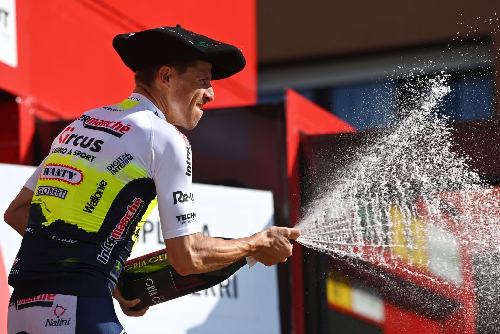 LEKUNBERRI SPAIN SEPTEMBER 10 Rui Costa of Portugal and Team Intermarche Circus Wanty celebrates at podium as stage winner during the 78th Tour of Spain 2023 Stage 15 a 1583km stage from Pamplona to Lekunberri UCIWT on September 10 2023 in Lekunberri Spain Photo by Tim de WaeleGetty Images