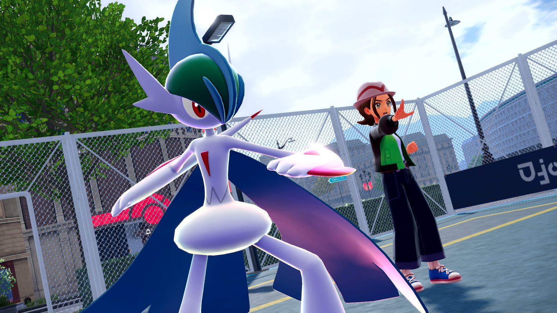 A Pokémon Legends: Z-A screenshot featuring a trainer and Gallade