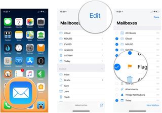 How to display flagged emails on iPhone and iPad by showing steps: Open the Mail app, in the list of Mailboxes, tap Edit, tap on the circle for flagged mailbox