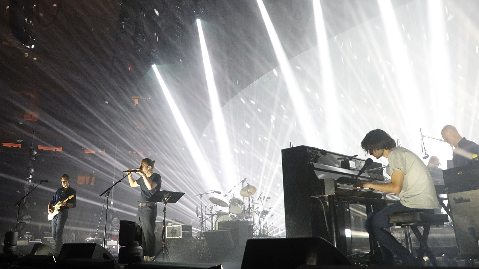 Thom Yorke, Philip Selway, Jonny Greenwood, and Clive Deamer of Radiohead perform at Madison Square Garden on July 10, 2018 in New York City