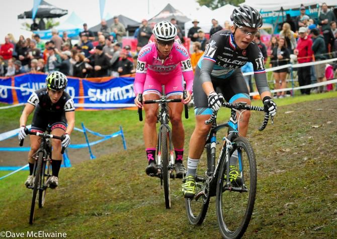 Former French Champion Caroline Mani (Raleigh Clement) leading Miller and Kemmerer across some off-camber grass