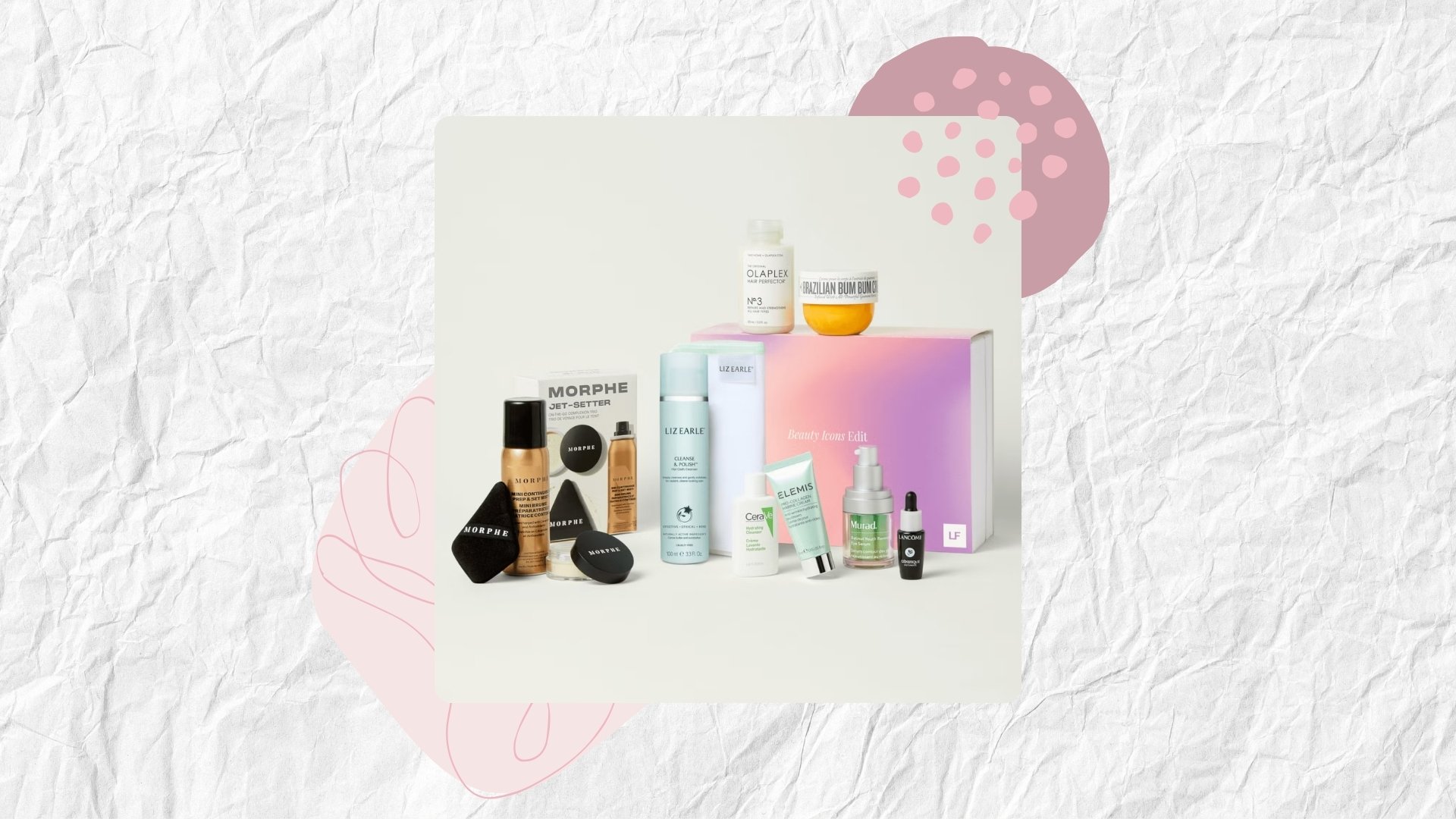 LookFantastic The Beauty Icons Edit on a white textured background with pink and mauve circle graphics and dots