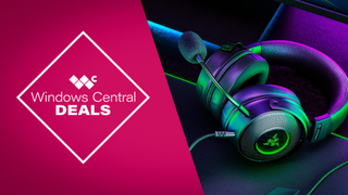 Razer Kraken V3 HyperSense gaming headset with RGB lighting resting on a desk beside a gaming keyboard, featured in a Windows Central Deals banner.