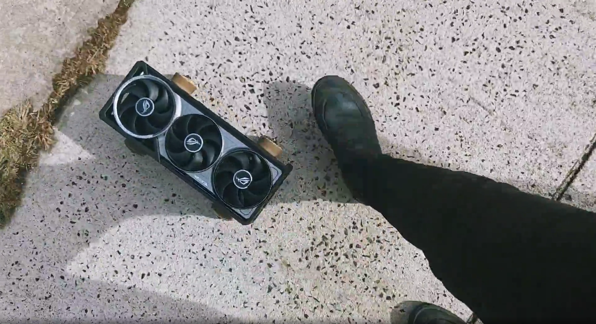 Radical gamer repurposes $1,700 ROG Atral RTX 5080 into a working DIY skateboard — rides graphics card down the street while walking dog