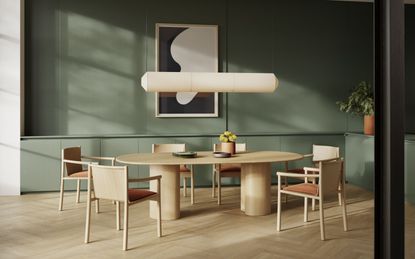 Milan Design Week Arper Ghia oval table in light wood with matching chairs