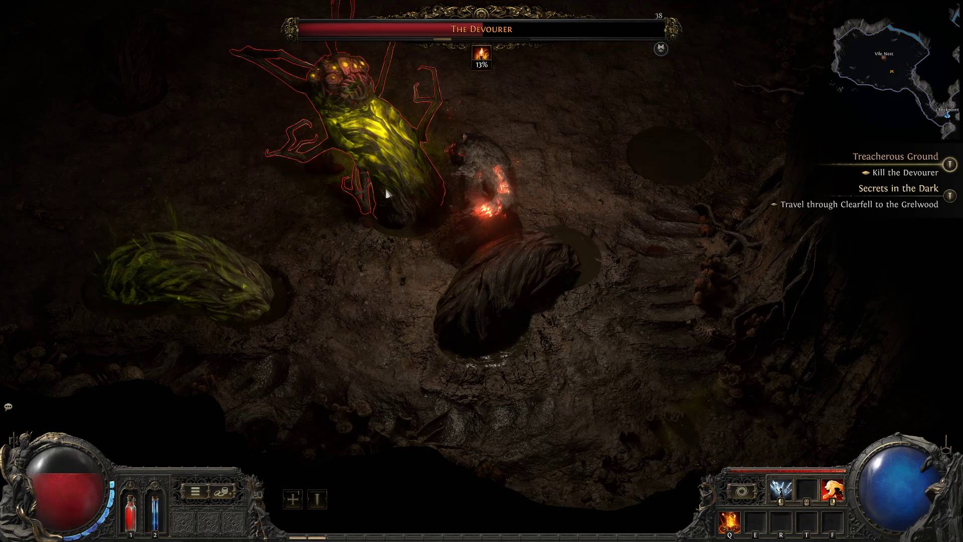 Path of Exile 2 Devourer boss leaning back with its throat glowing green as it prepares to vomit acid