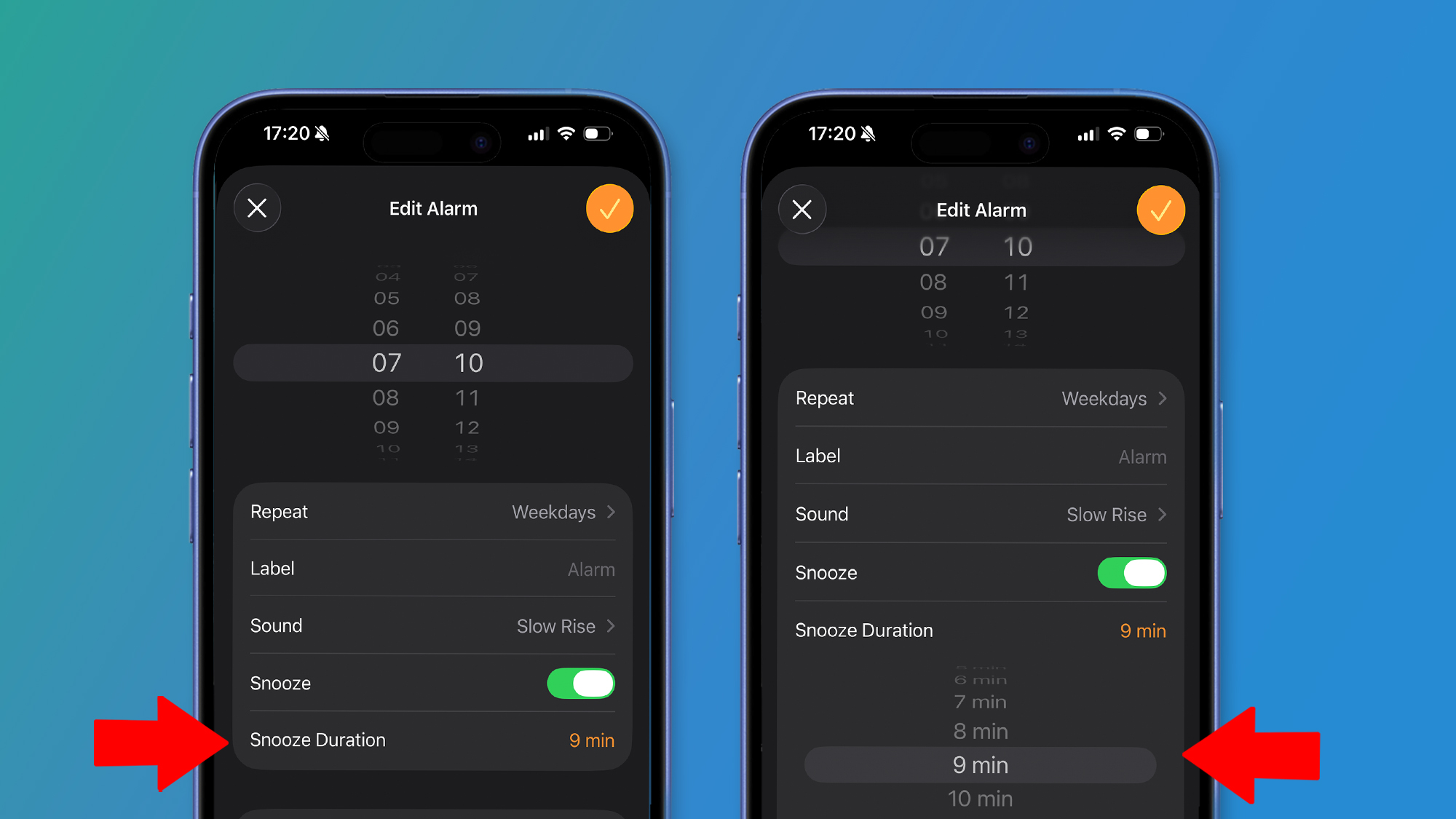 Two iPhones on a green and blue background showing iOS 26 settings
