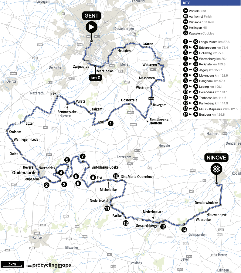 Map for 2026 Omloop Het Nieuwsblad Women