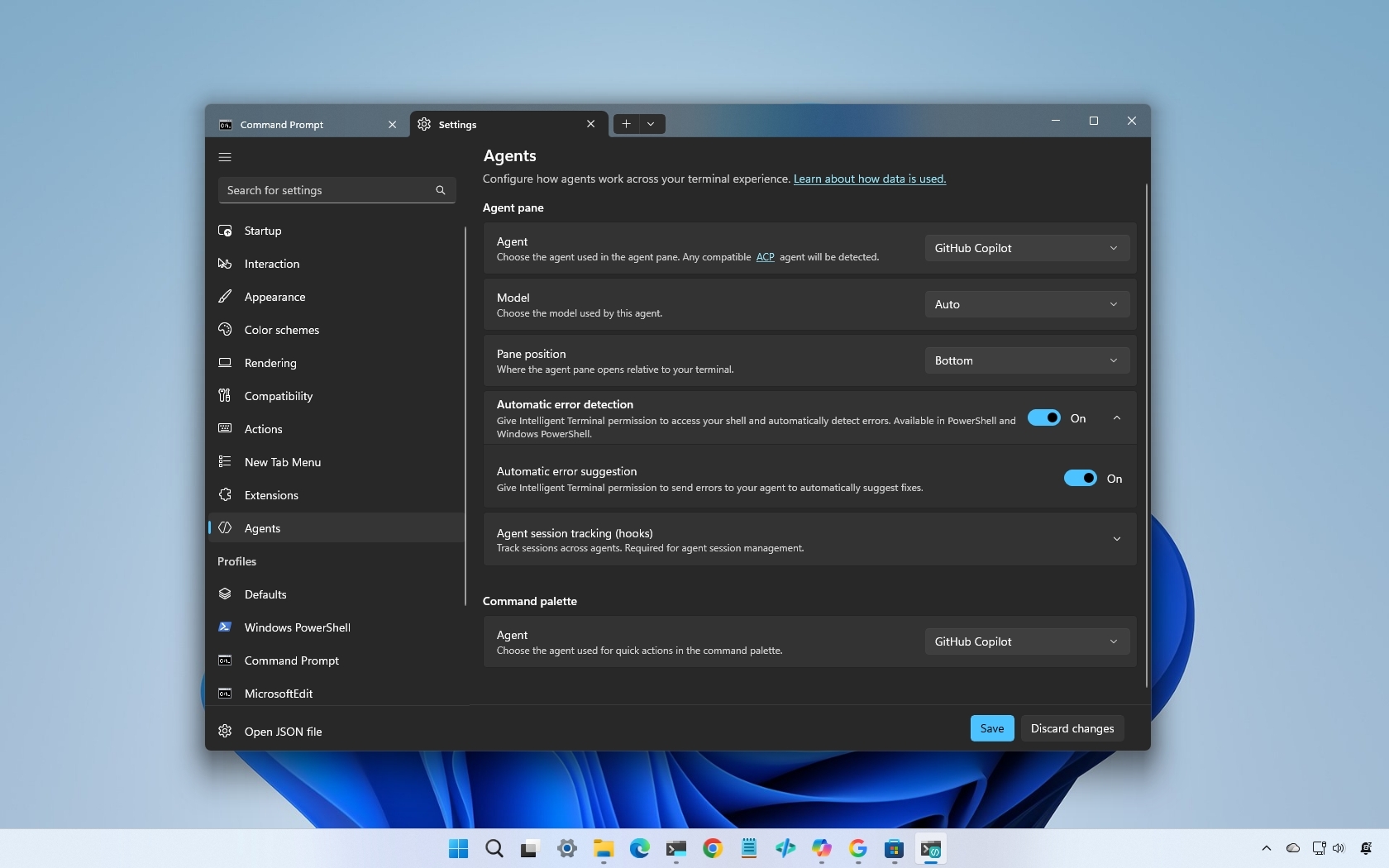 Intelligent Terminal open in the Windows 11 desktop on the Agents page.