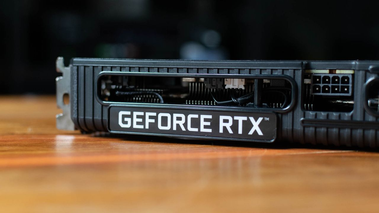 A closeup photograph of the GeForce RTX branding on the Palit RTX 3060 Dual
