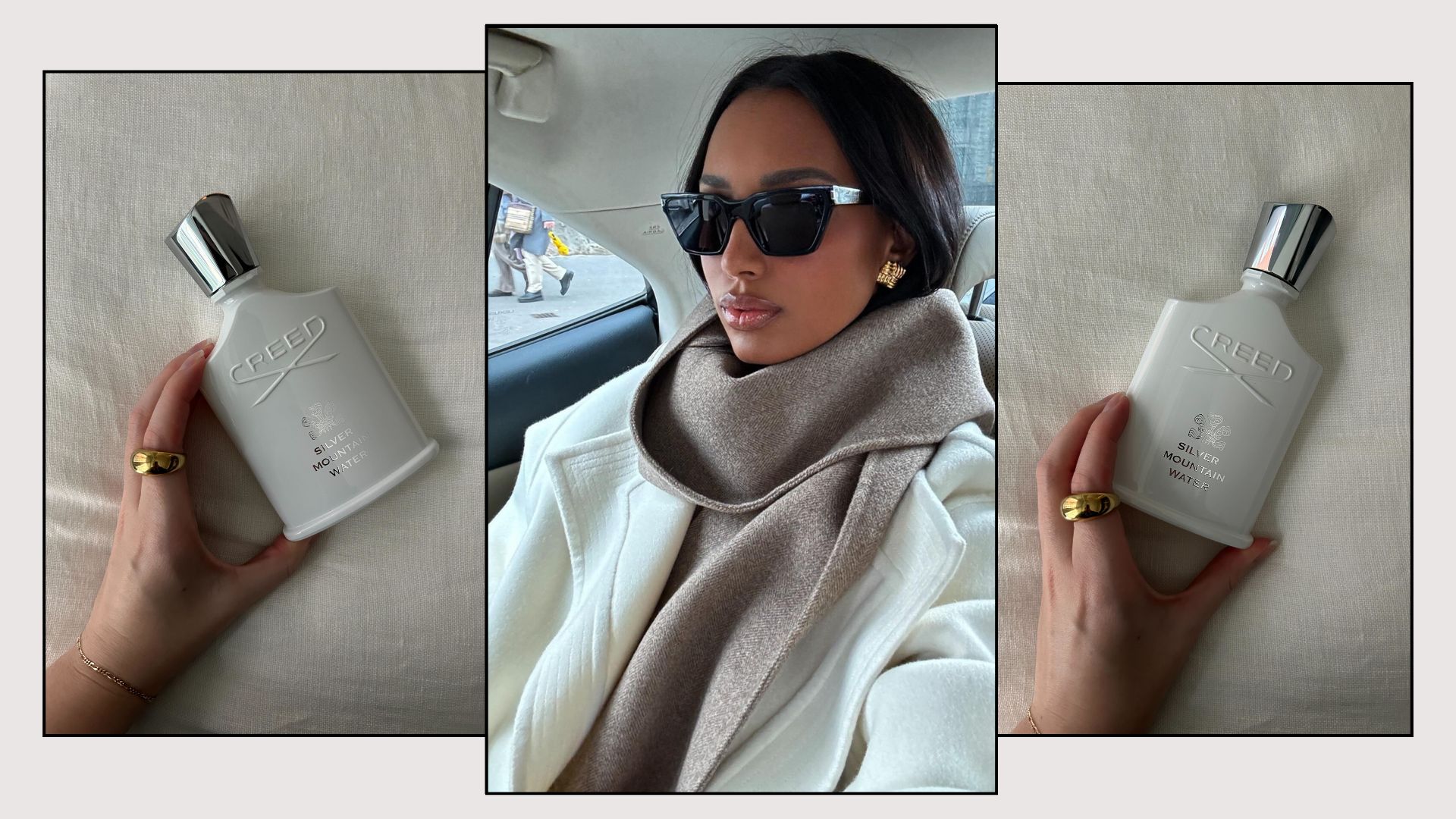 An image of Jasmine Tookes in a chic outfit and two pictures of a Creed perfume