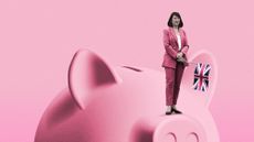 Illustration of Rachel Reeves standing atop a piggy bank