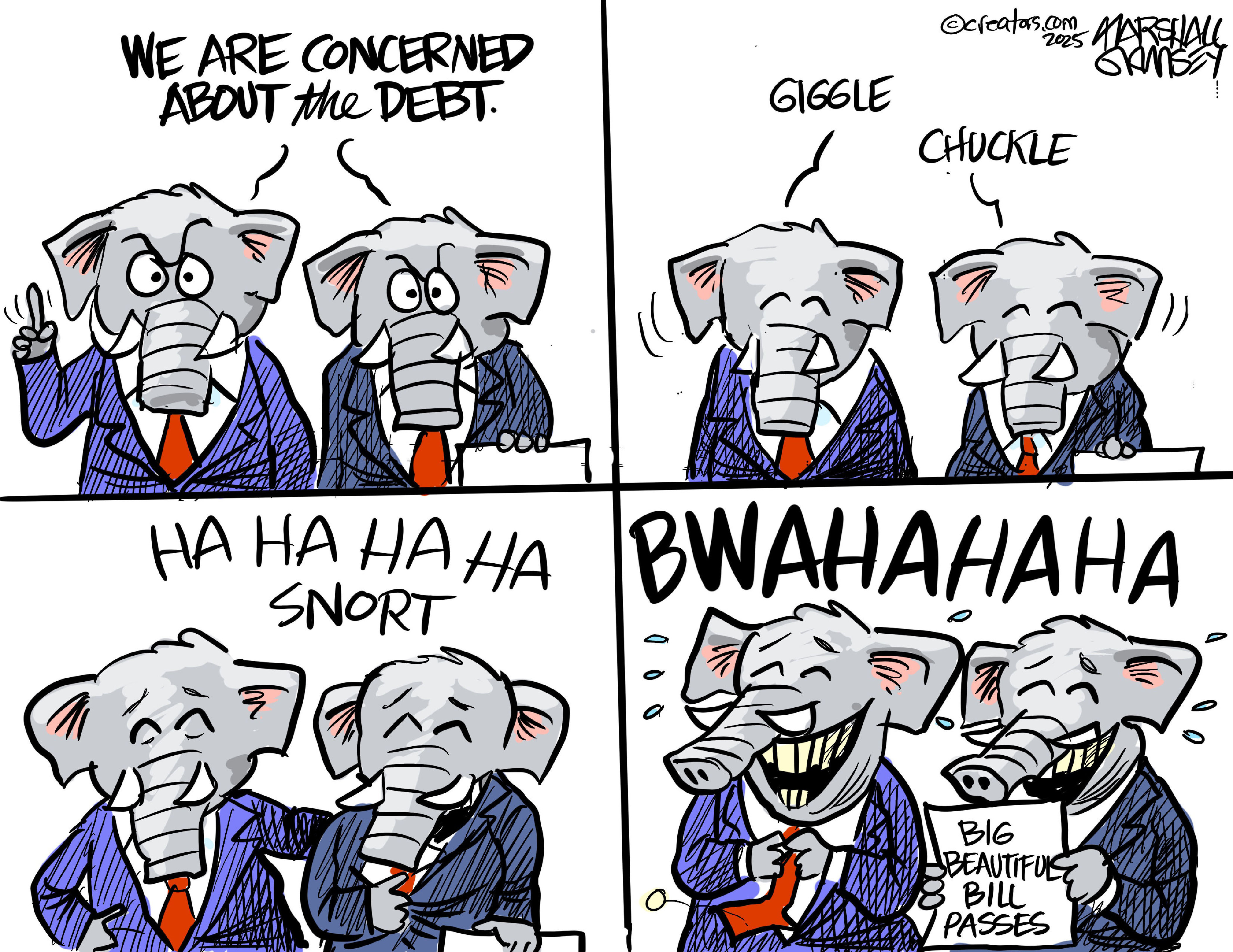 A four-panel political cartoon shows two elephant mascots reacting to the national debt. In the first panel, they state, "We are concerned about the debt," with worried expressions. The second and third panels show them progressively giggling, chuckling, and laughing, with one holding the other's shoulder. In the final panel, they are roaring with laughter, holding a rolled-up paper labeled "BIG BEAUTIFUL BILL PASSES."