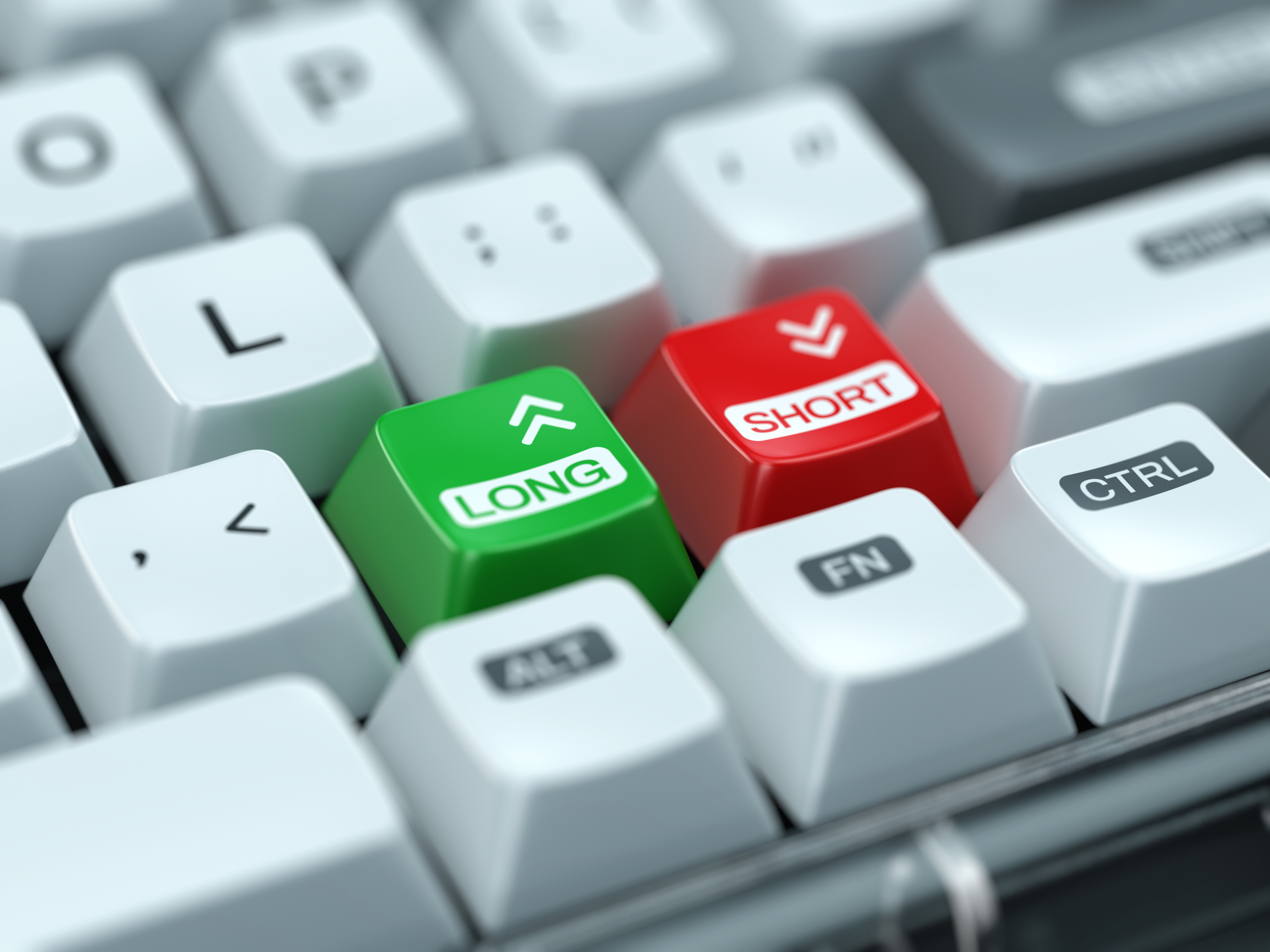 Closeup of computer keyboard with short and long buttons. Stock market,