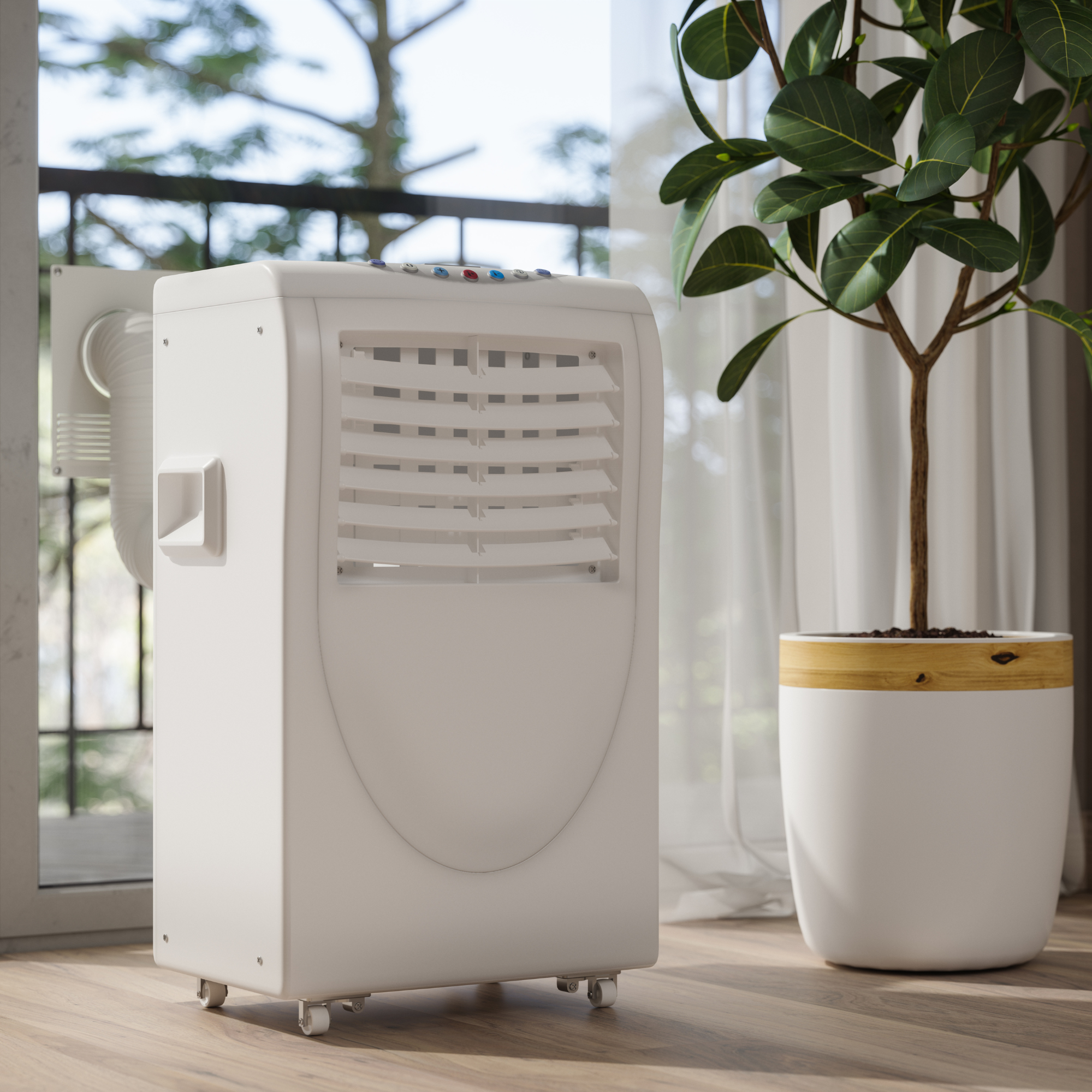 Close up of portable air conditoner next to a potted tree.