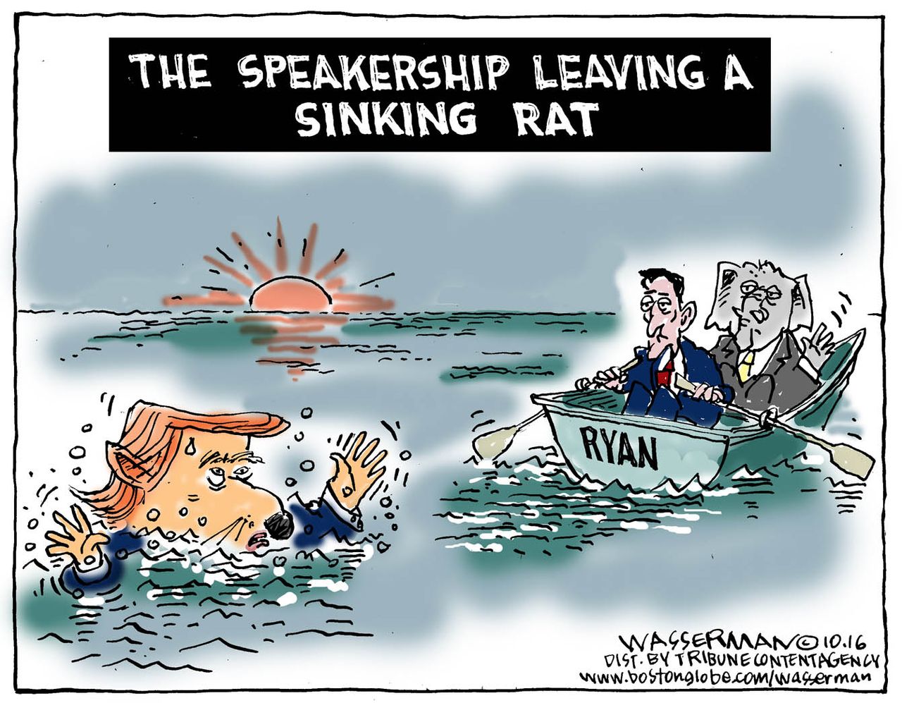 Political cartoon U.S. 2016 election Donald Trump sinking Paul Ryan GOP