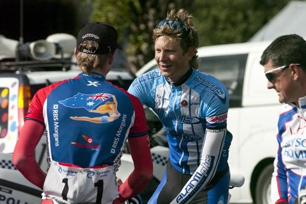Race winner Patrick Shaw (left) is congratulated by runner-up Chris Jory as Tasmanian Tim Elmer looks on in New Norfolk.