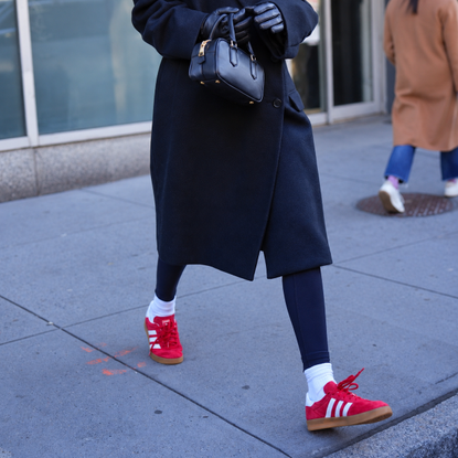 Red Adidas/Gazelles + long black or navy coat