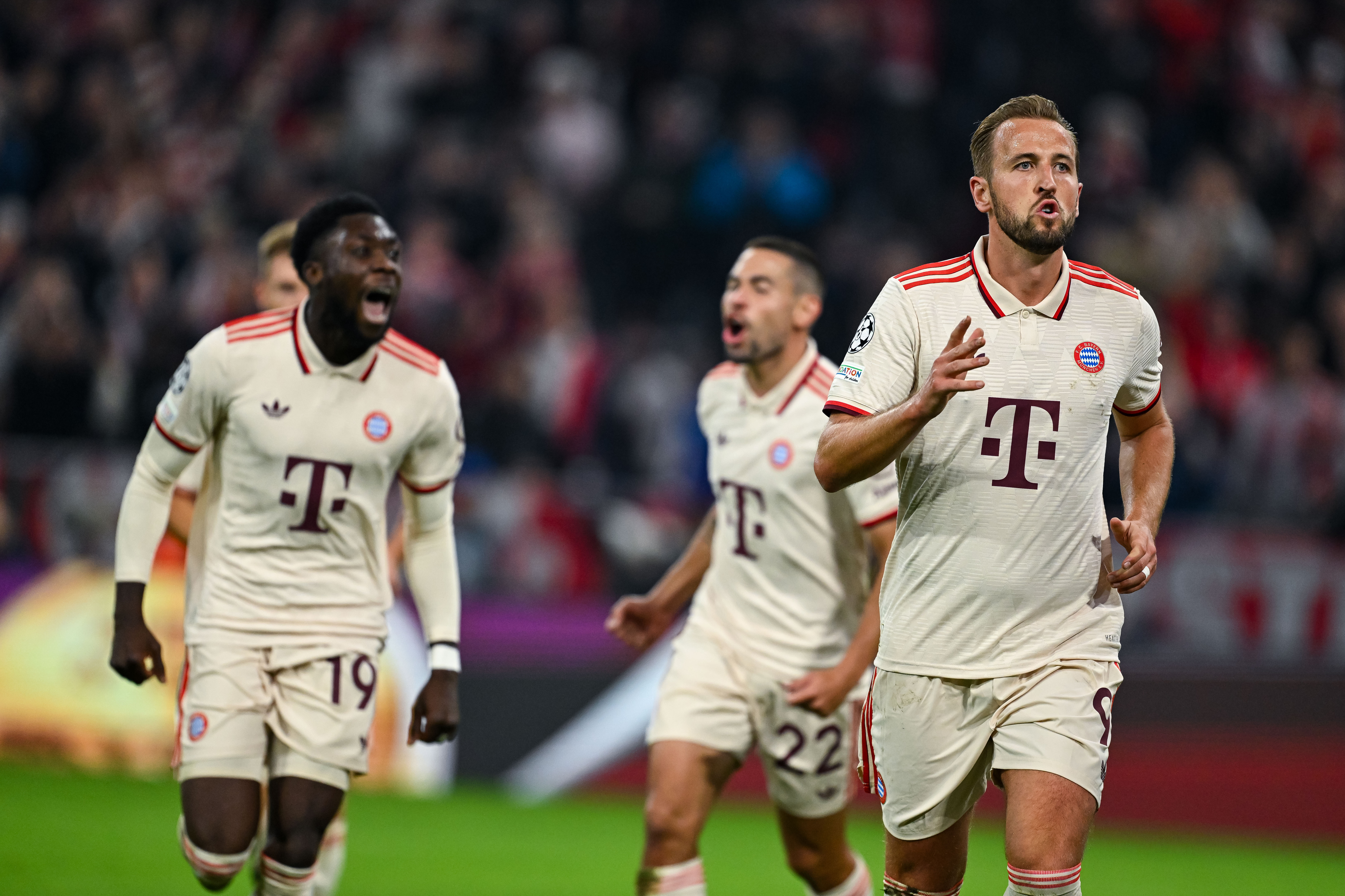 Harry Kane celebrates with his Bayern Munich team-mates after scoring against Dinamo Zagreb in the Champions League in September 2024.