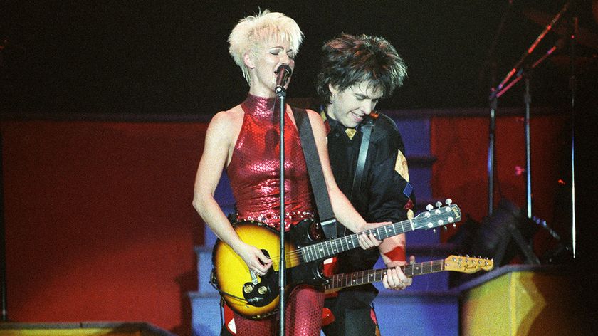 LONDON, UNITED KINGDOM - OCTOBER 19: Marie Fredriksson and Per Gessle of Roxette perform on stage on the 'Join The Joyride' tour at Wembley Arena on October 19th, 1991 in London, England. (Photo by Pete Still/Redferns)