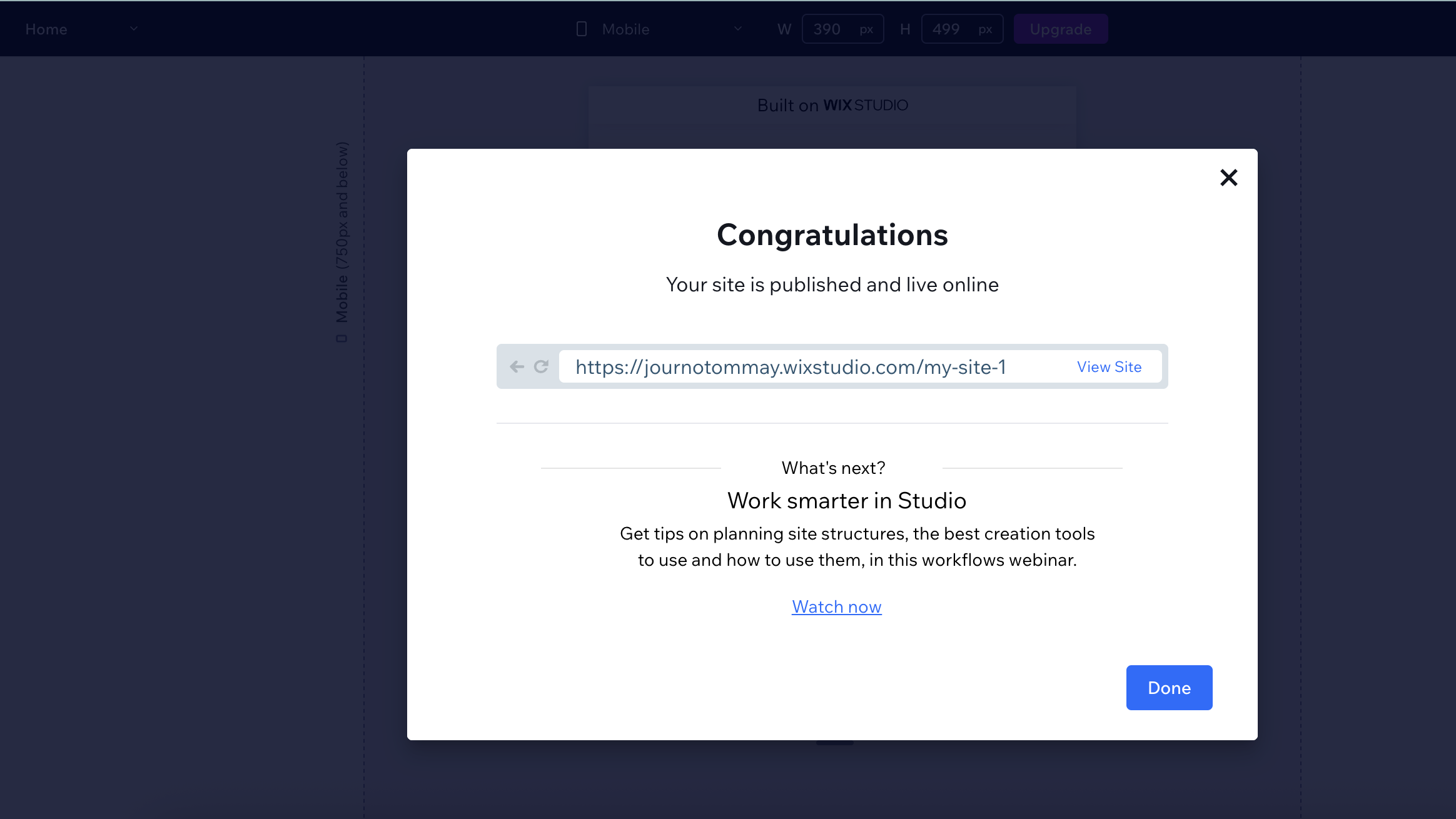 Popup showing you have published your site using Wix Studio
