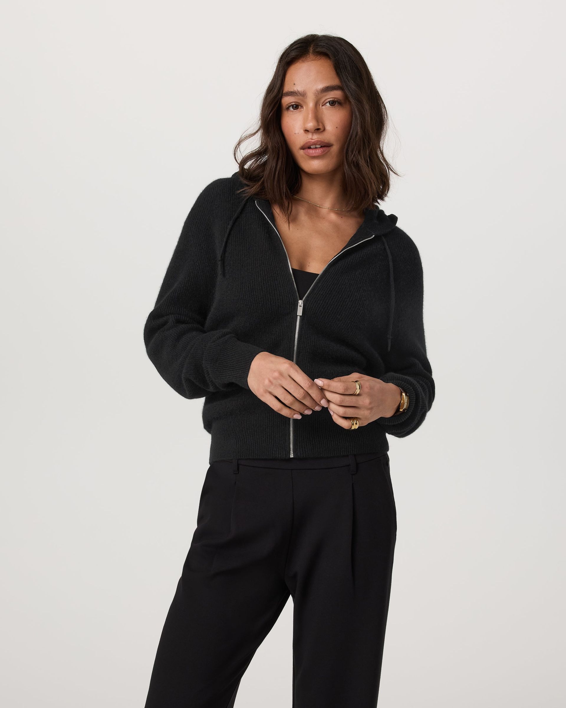 &Eacute;milie Full Zip Cashmere Rib Hoodie - Black - Xxs