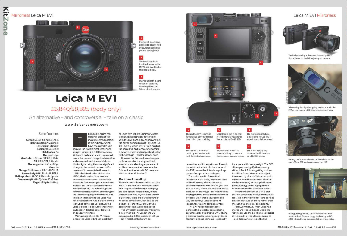 Image showing the first two pages of the Leica M EV1 camera review, in issue 303 (February 2026) of Digital Camera magazine