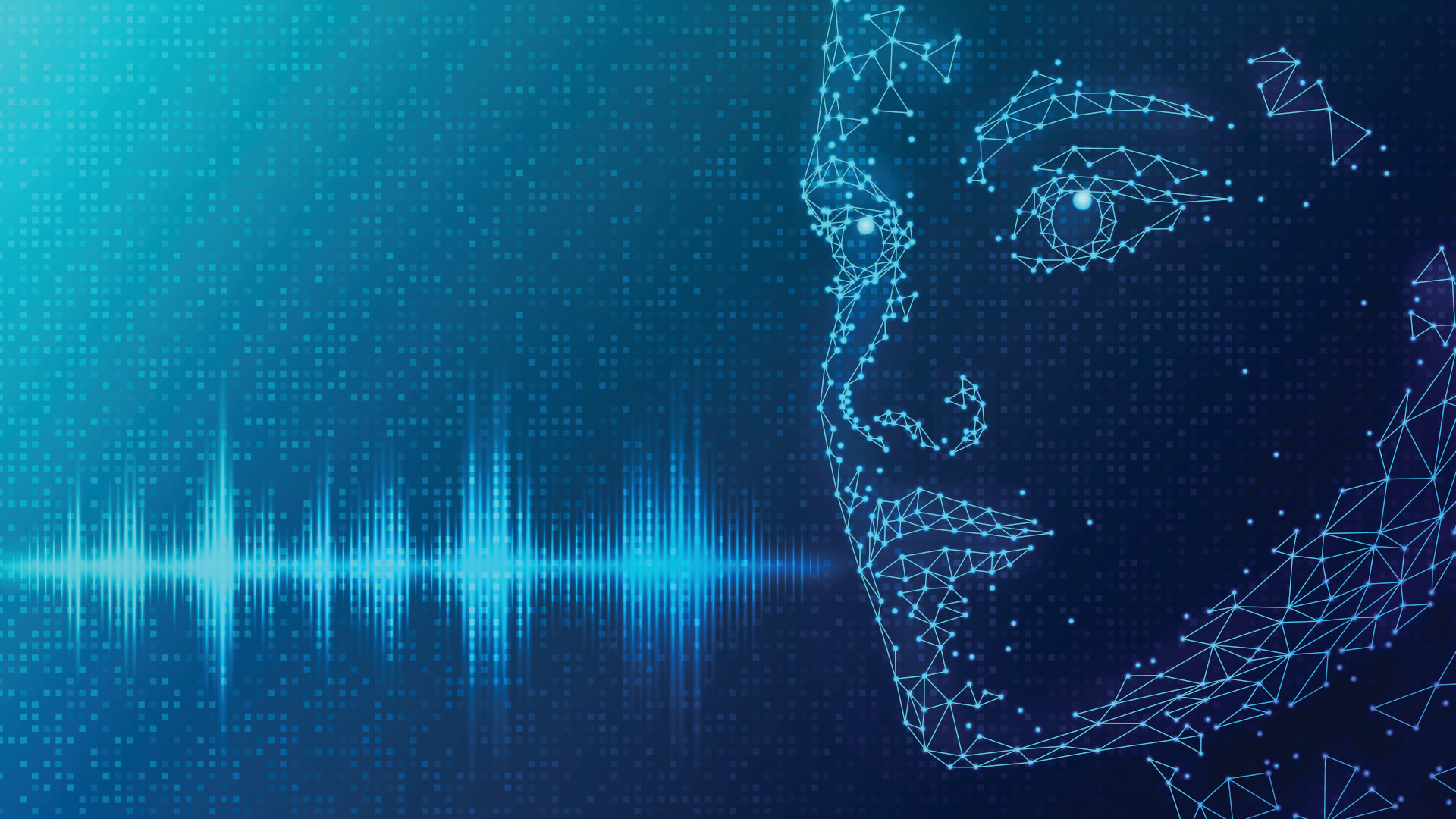 Stylized image of a digitized face showing fake speech audio coming from the mouth