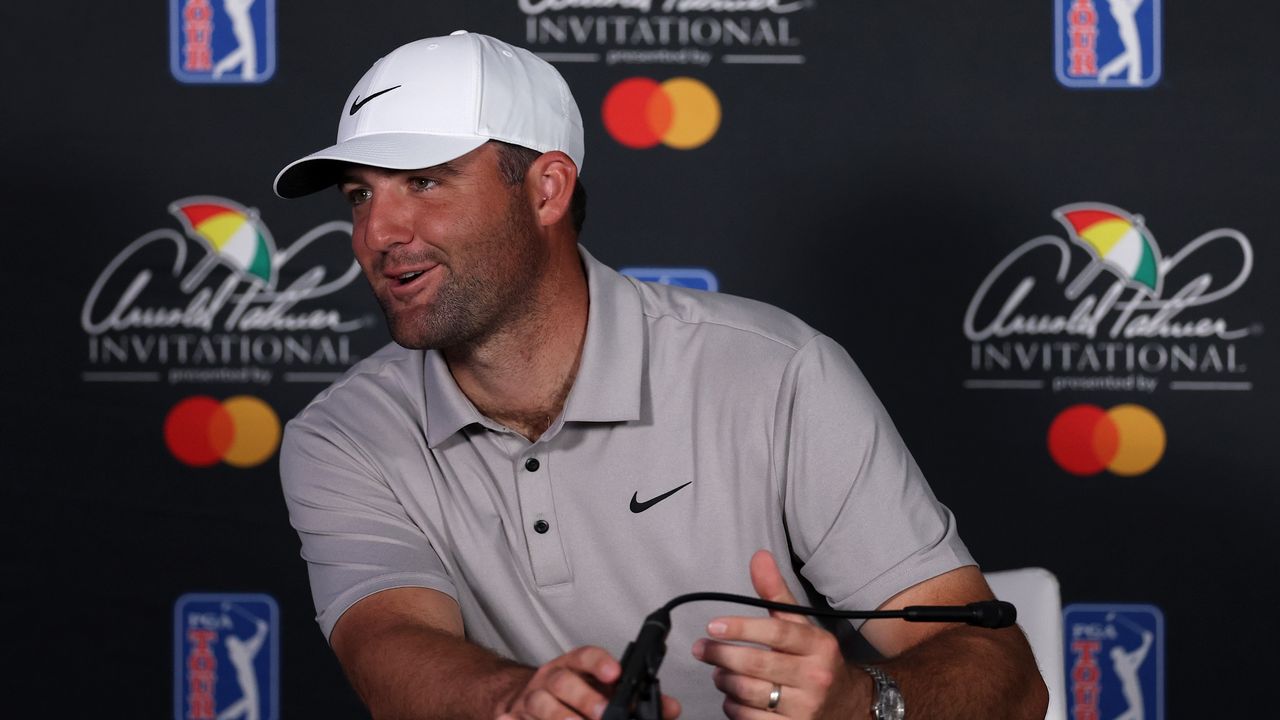 Scottie Scheffler talking with the media ahead of the Arnold Palmer Invitational