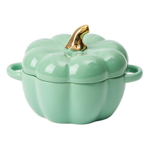Dutch Oven Pot With Lid, 15 Oz Cute Pumpkin Ceramic Dessert Saucepan With Handle, Mini Pumpkin Bowl Baking Dish, Covered Stockpot Pottery Casserole, Halloween Thanksgiving Decor (green)