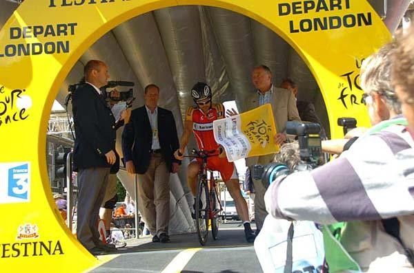 Off we go with the first rider, Enrico Degano of Barloworld, the 2007 Tour is underway.