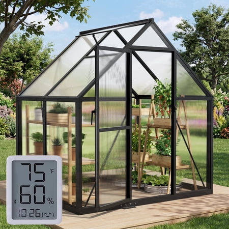 Sanerto 6x4ft Walk-In Outdoor Greenhouse for Garden Heavy-Duty，reinforced Aluminum Frame, Uv-Resistant Polycarbonate Panels, Built-In Thermometer & Hygrometer, All-Weather Durable Plant House