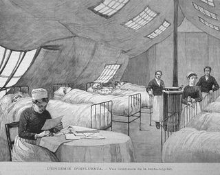 Wood engraving showing nurses attending to patients in Paris during the 1889-90 flu epidemic.