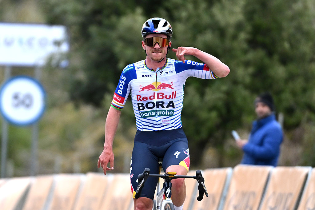 SANTUARI DE LLUC, SPAIN - JANUARY 30: Remco Evenepoel of Belgium and Team Red Bull - BORA - hansgrohe celebrates at podium as race winner during the 35th Challenge Ciclista Mallorca 2026 - Trofeo Serra Tramuntana a 153.7km one day race from Selva to Santuari de Lluc on January 30, 2026 in Santuari de Lluc,Spain. (Photo by Tim de Waele/Getty Images)
