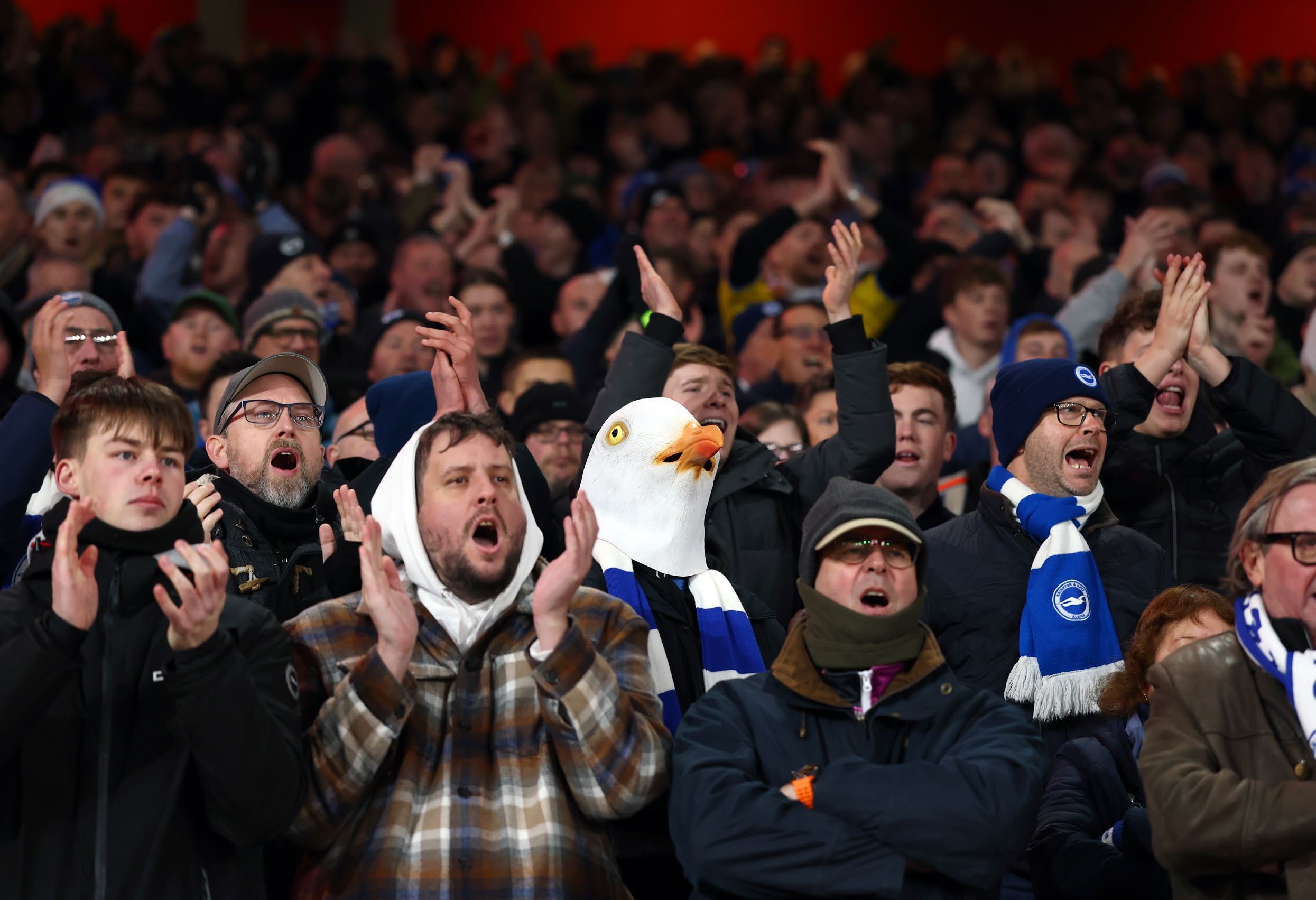 A Brighton &amp;amp; Hove Albion fan wearing a Seagull head hat in the stands. (Photo by Mark Thompson/Getty Images)