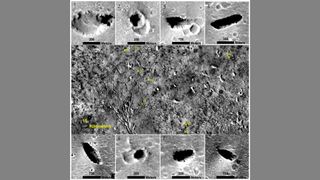 A series of grayscale images showing holes in the surface of Mars where caves have formed