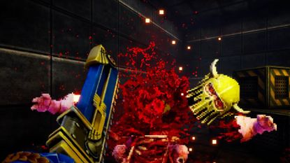 Warhammer 40K: Boltgun 2 gameplay showing a nurgling being chopped up with a chainsword