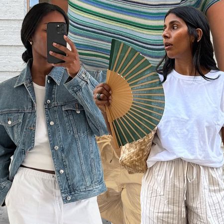 @monikh, @smythesisters, and @nlmarilyn wearing drawstring pants and a crewneck 