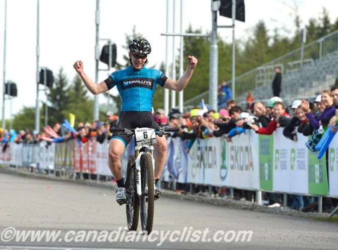Jens Schuermans (Versluys) taking the victory in the U23 men's cross country in Nove Mesto