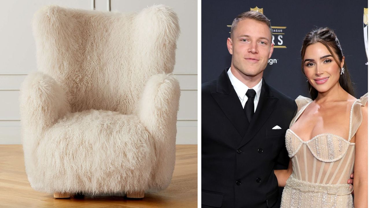 The white CB2 BOZZI Mongolian Sheepskin Chair and a picture of Olivia Culpo and Christian McCaffrey at an event