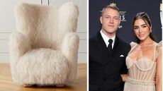 The white CB2 Mongolian Sheepskin Chair and a picture of Olivia Culpo and Christian McCaffrey at an event