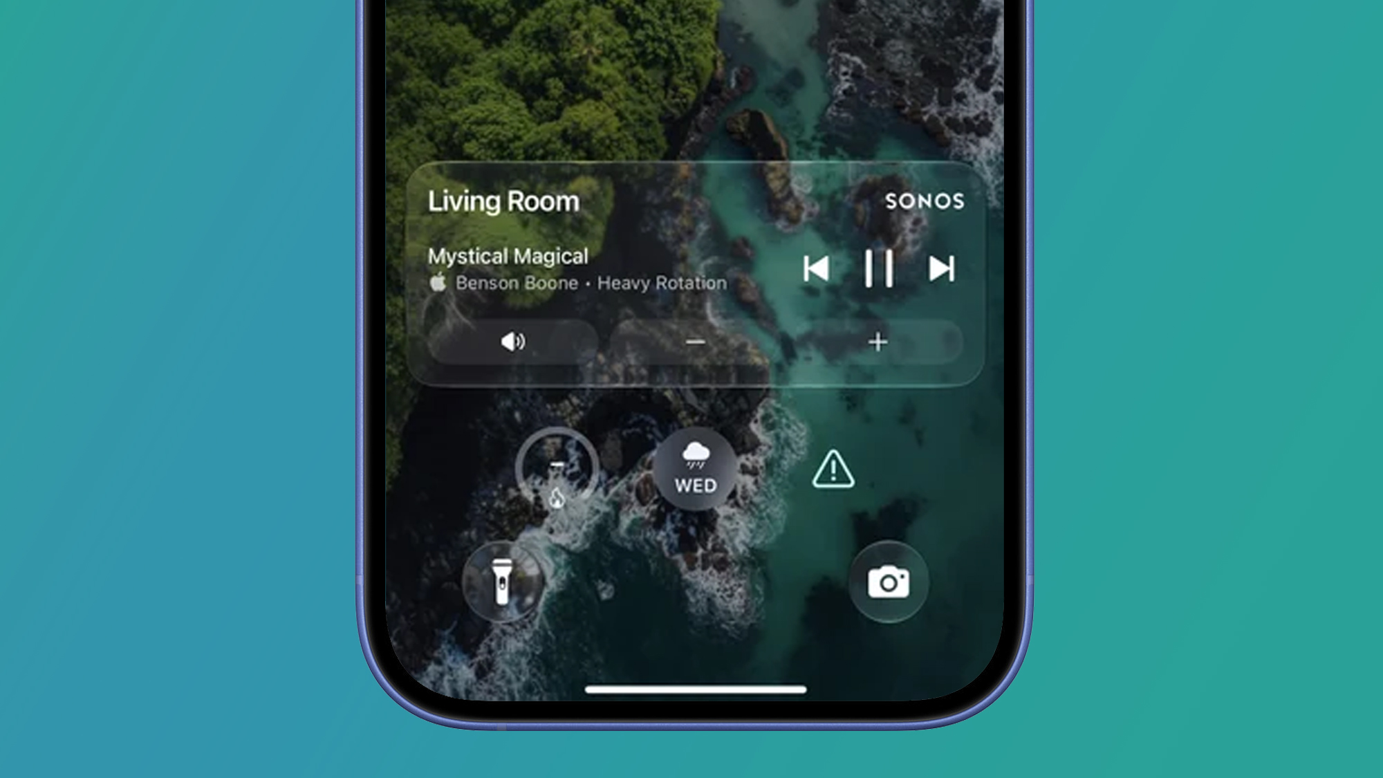 An iPhone on a green and blue background showing Sonos Live Activities on iOS 26