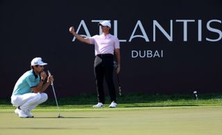 Rory McIlroy celebrates his eagle at 18th in third round of 2024 Dubai Desert Classic