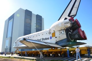 Space shuttle Atlantis rolls over to the 52-story Vehicle Assembly Building at NASA's Kennedy Space Center in Florida on May 17, 2011. Atlantis is slated to fly the last mission of the space shuttle program, STS-135, in July. 