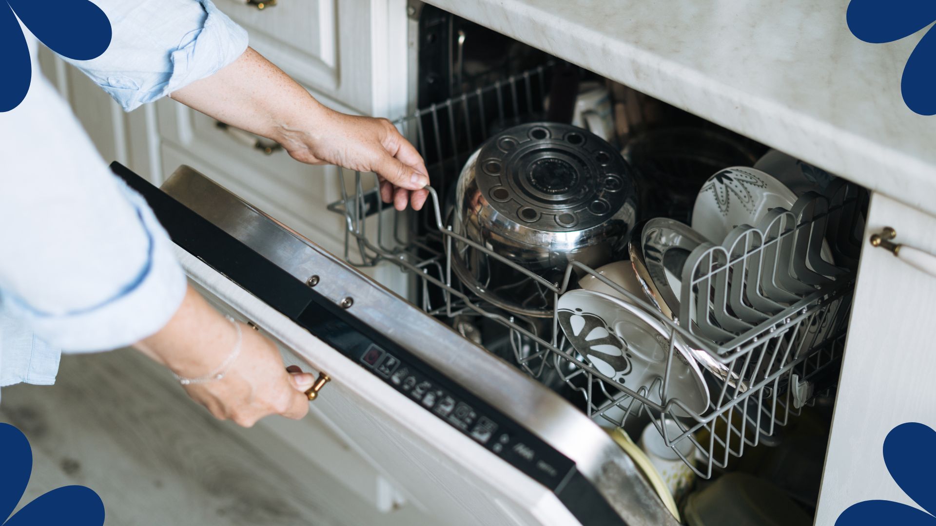  picture of woman opening up dishwasher with clean pots and plates 