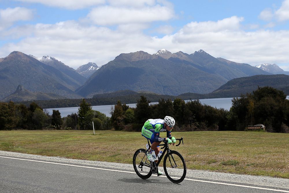Matt Zenovich of Invercargill out front heading towards TeAnau during stage three of the Tour of Southland