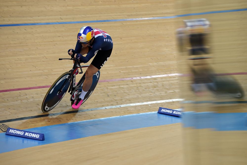Chloe Dygert en route to winning the individual pursuit at the 2017 UCI Track World Championships