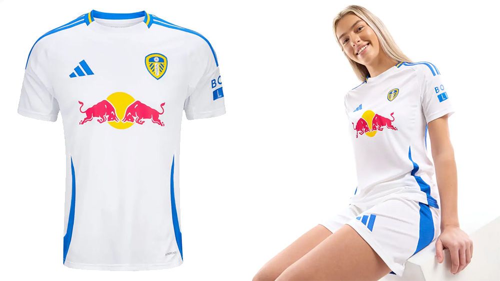 Leeds United kit featuring the Red Bull logo