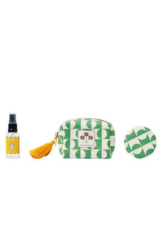 patterned washbag with matching compact mirror and spray