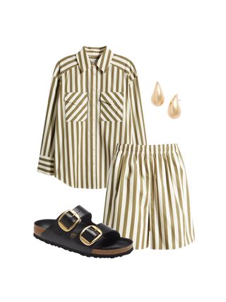 collage of striped shirt, matching striped shorts, black birkenstocks, and gold drop earrings